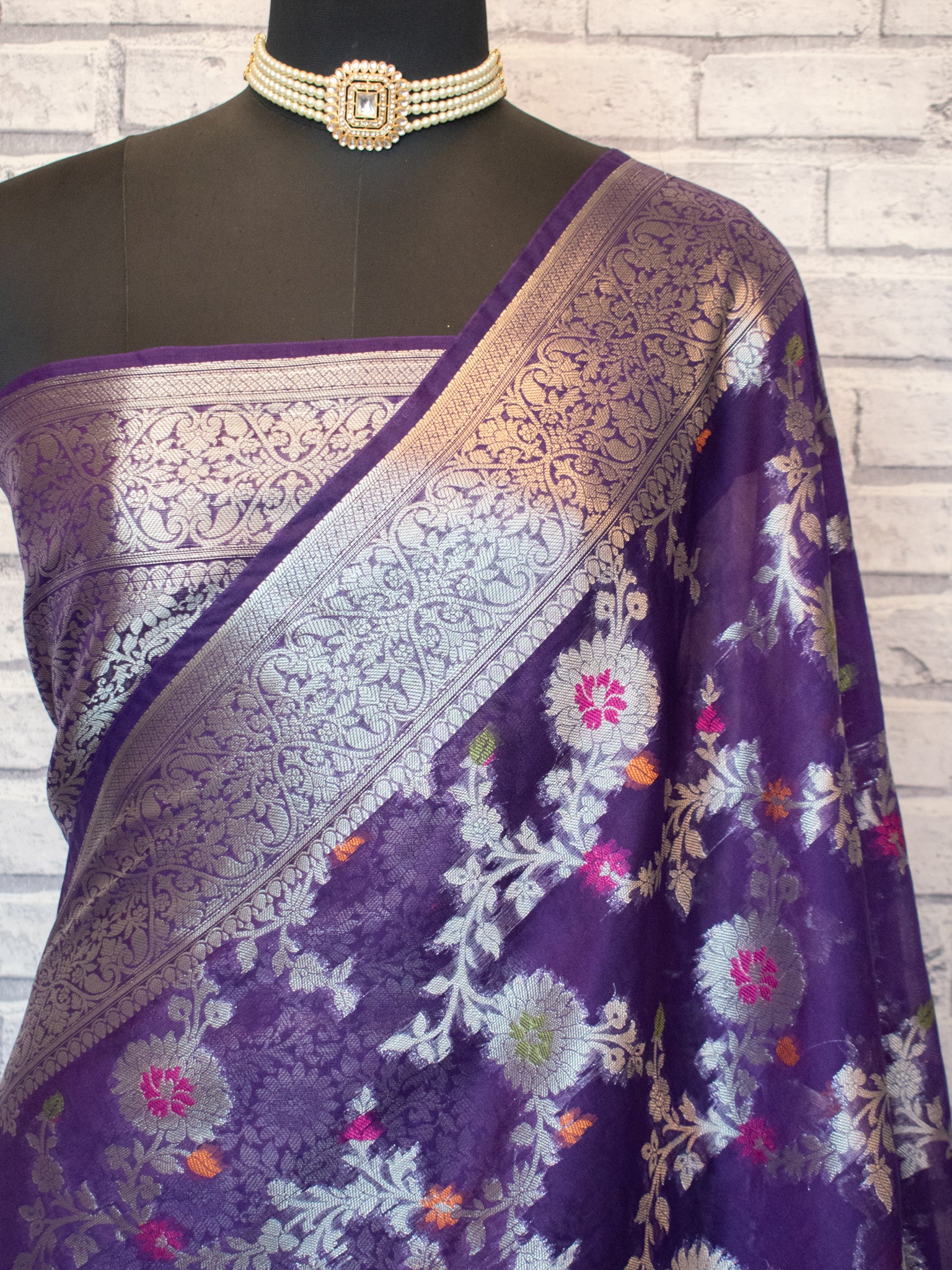 Banarasi Semi Silk Saree with Floral Weaving - Purple