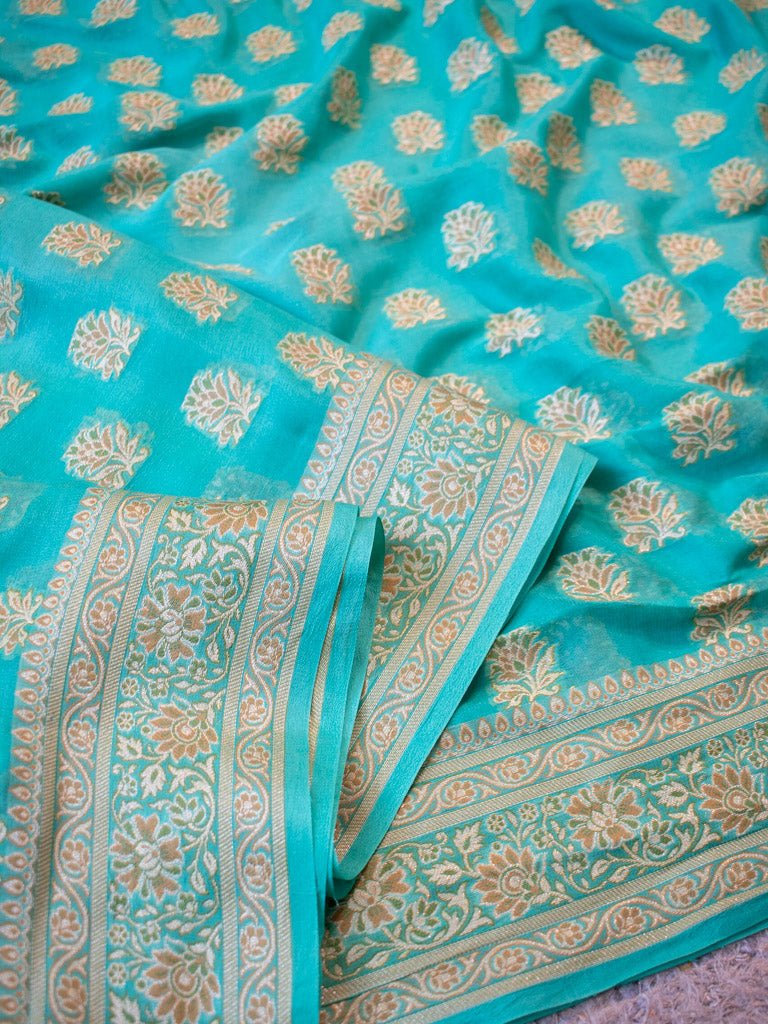 Banarasi Pure Georgette Saree With Antique Zari Floral Weaving-Blue