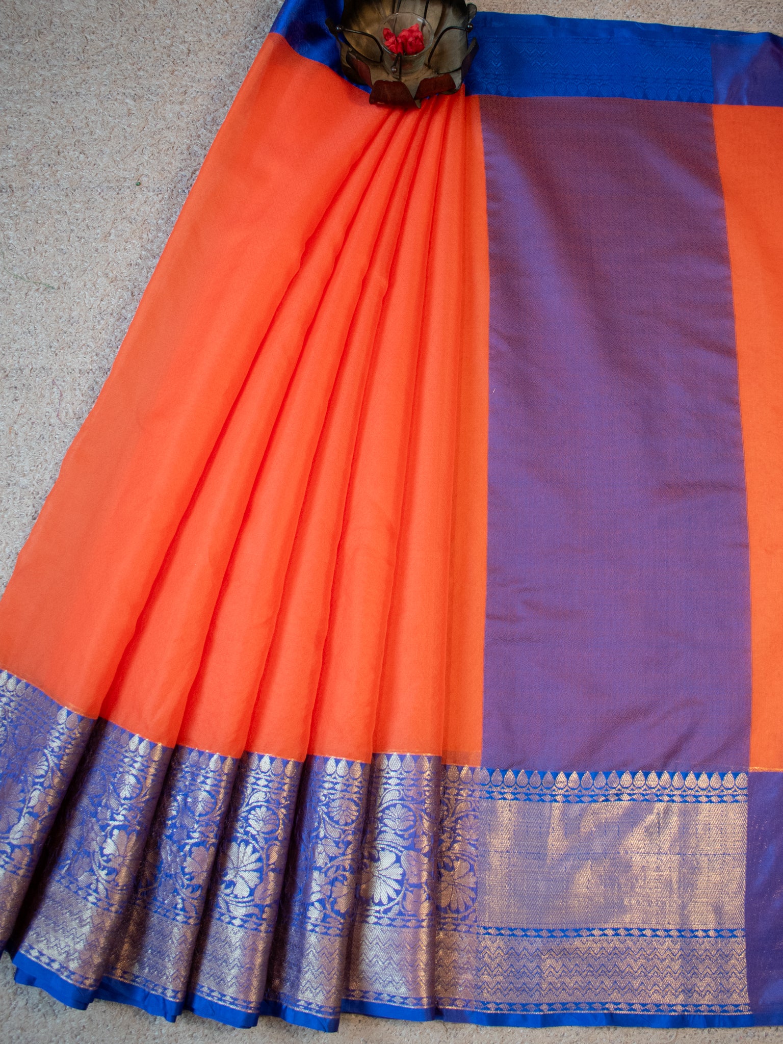 Banarasi  Plain Cotton Silk Saree With Contrast Border - Orange