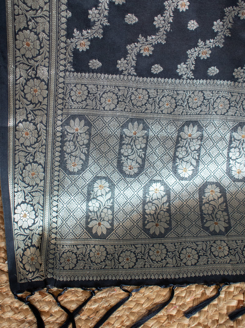 Banarasi Silk Salwar Kameez Fabric With Silver Zari Weaving With Dupatta-Black