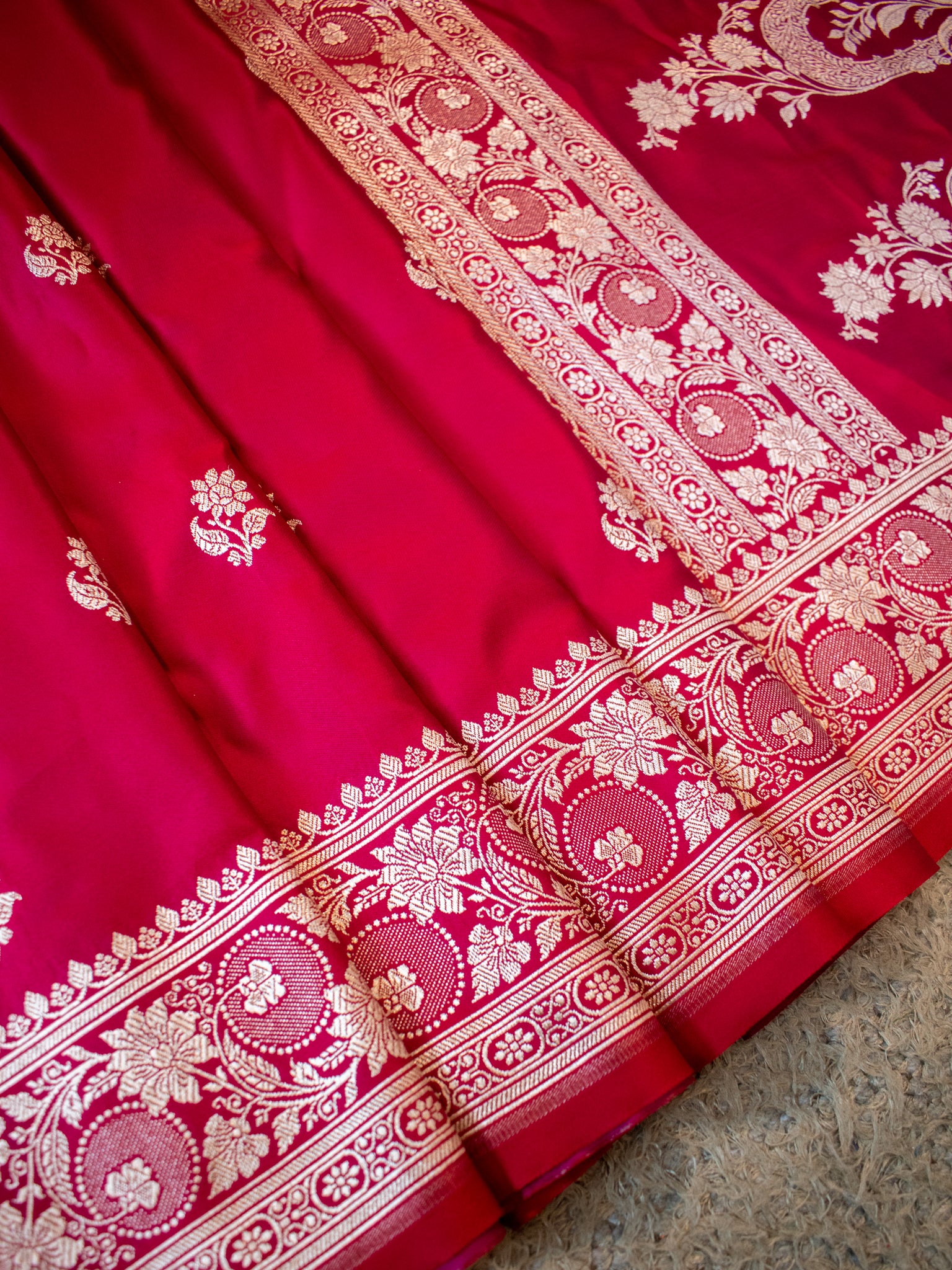 Banarasi Mashru Silk Saree With Buti & Border- Magenta