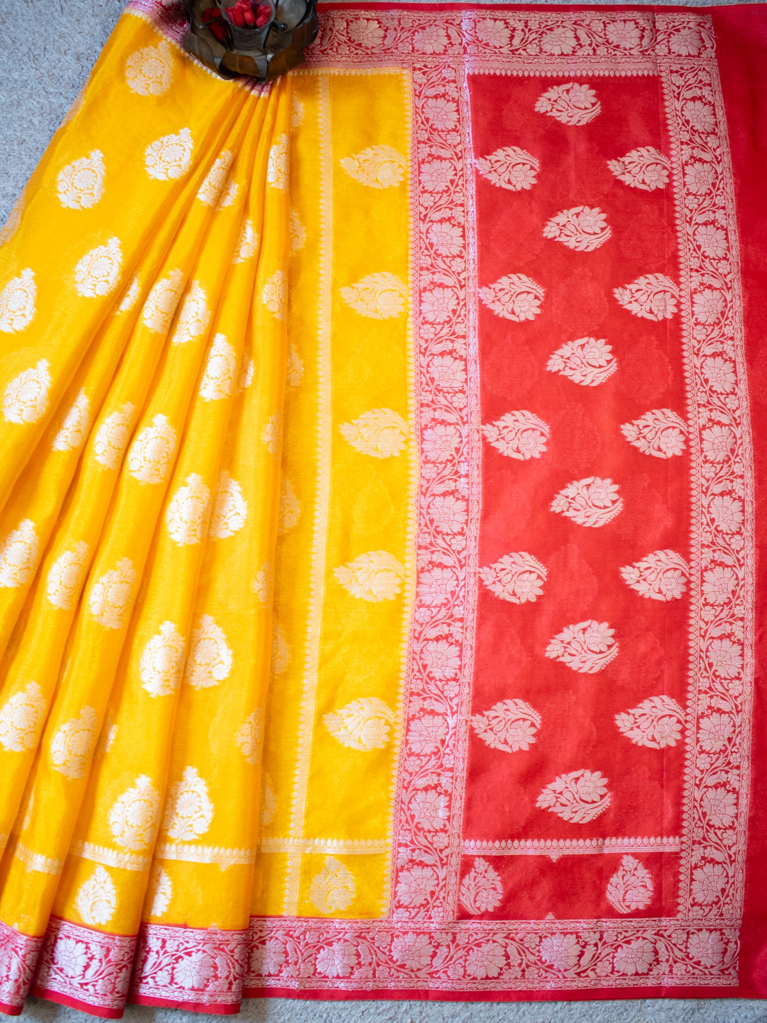 Banarasi Dupion Warm Silk Saree With Silver Buta & Contrast Border- Yellow