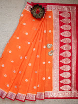 Banarasi Semi Chiffon Saree Silver Zari Buti Weaving & Contrast Border-Orange