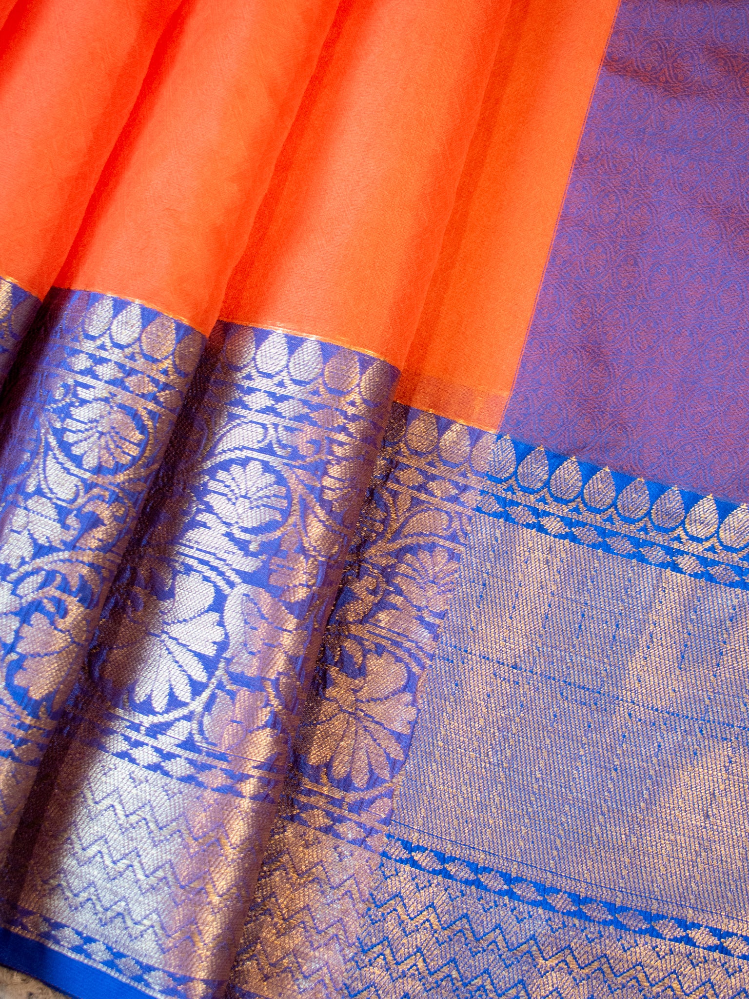 Banarasi  Plain Cotton Silk Saree With Contrast Border - Orange