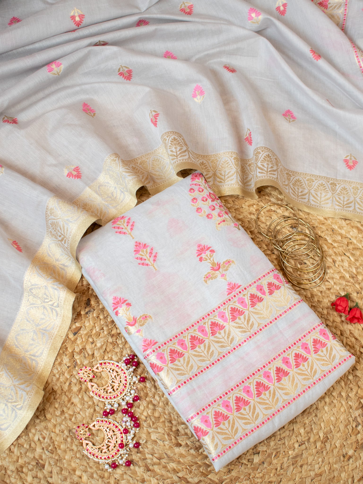 Banarasi Soft Cotton Salwar Kameez Fabric With Zari Dupatta- Grey & Pink