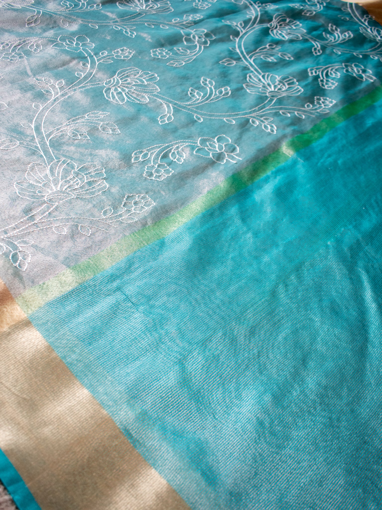 Banarasi Tissue Embroidered Saree With Weaving & Border- Aqua Blue