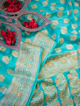 Banarasi Pure Georgette Saree With Antique Zari Floral Weaving-Blue