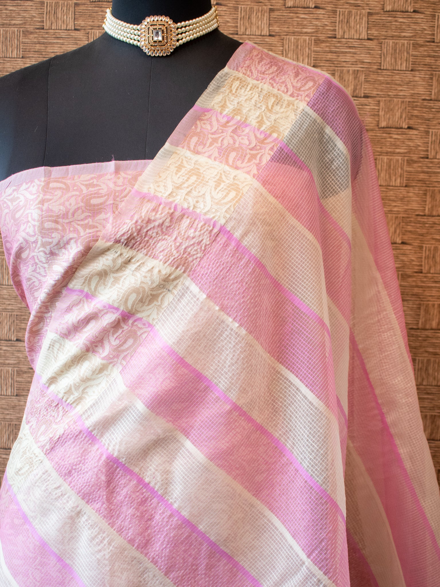 Banarasi Kota Check Saree with Resham Weaving Border- Pink