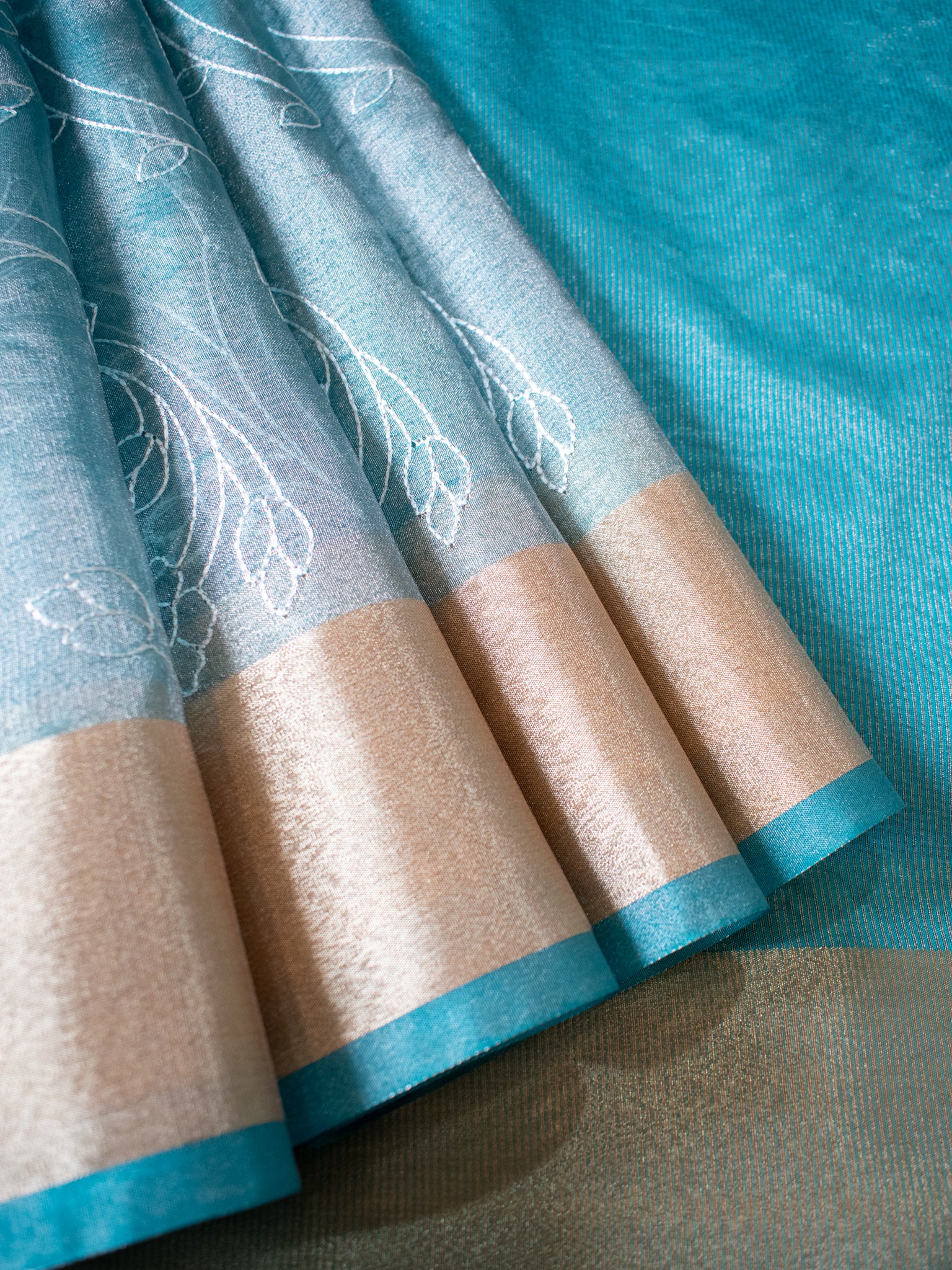 Banarasi Tissue Embroidered Saree With Weaving & Border- Aqua Blue