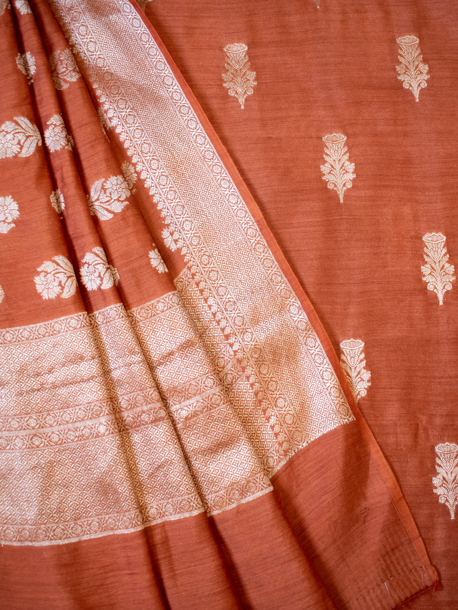 Banarasi Pure Muga Silk Salwar Kameez- Brick Orange