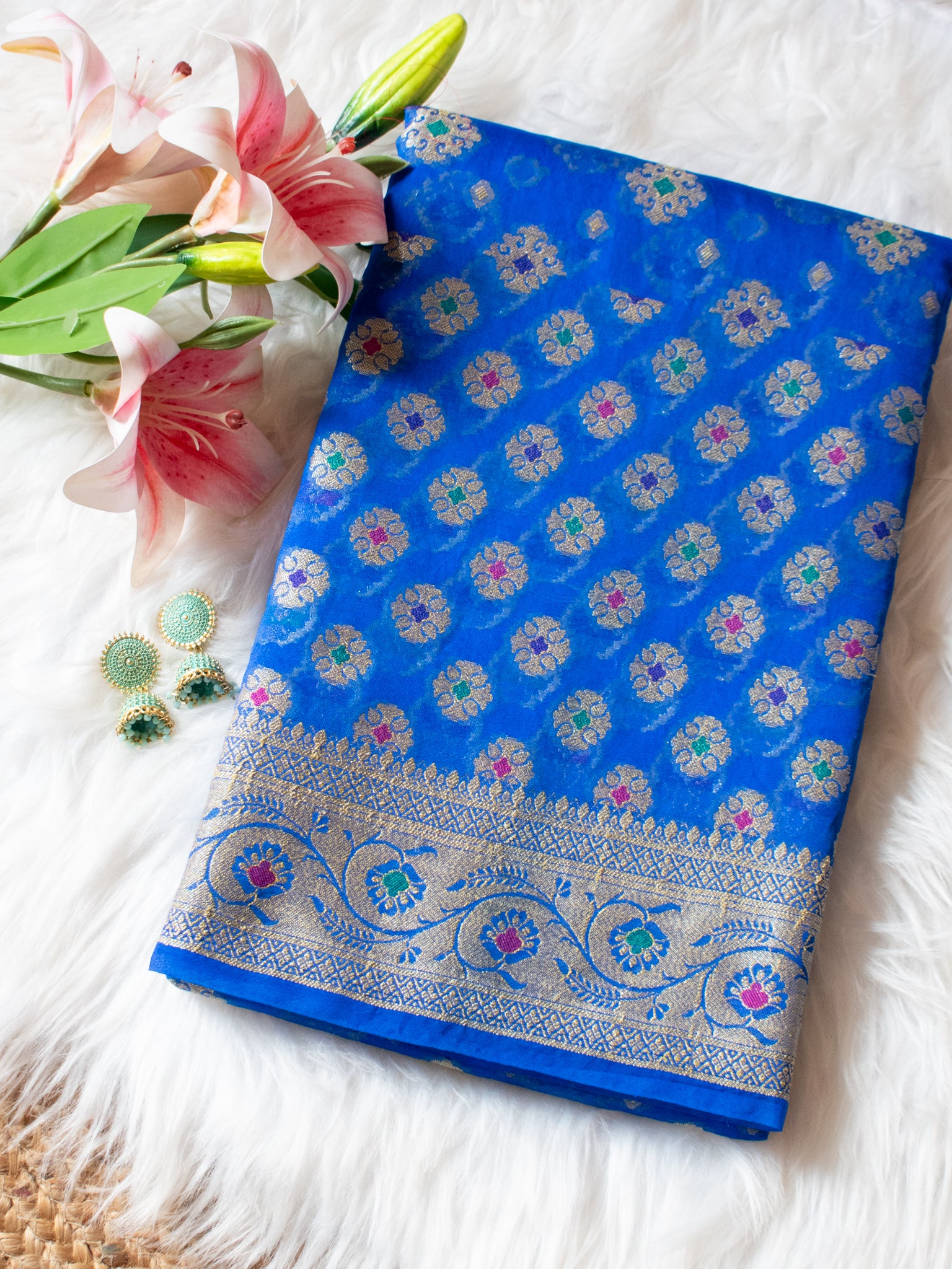 Banarasi Pure Cotton Saree With Zari & Resham Buti Weaving & Border- Blue