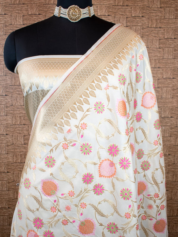 Banarasi Art Katan Silk Saree With Meena Floral Weaving-White