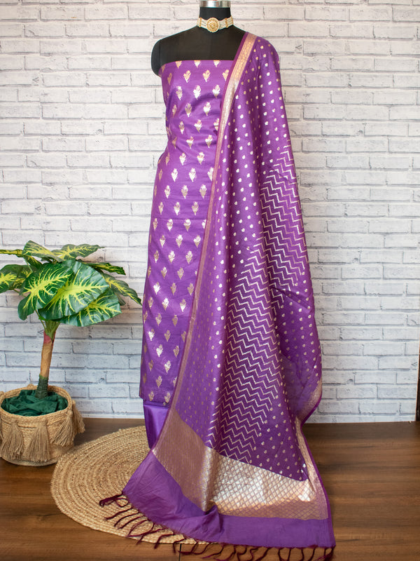 Cotton Silk Salwar Kameez Material With Silver Zari Weaving & Dupatta-Purple