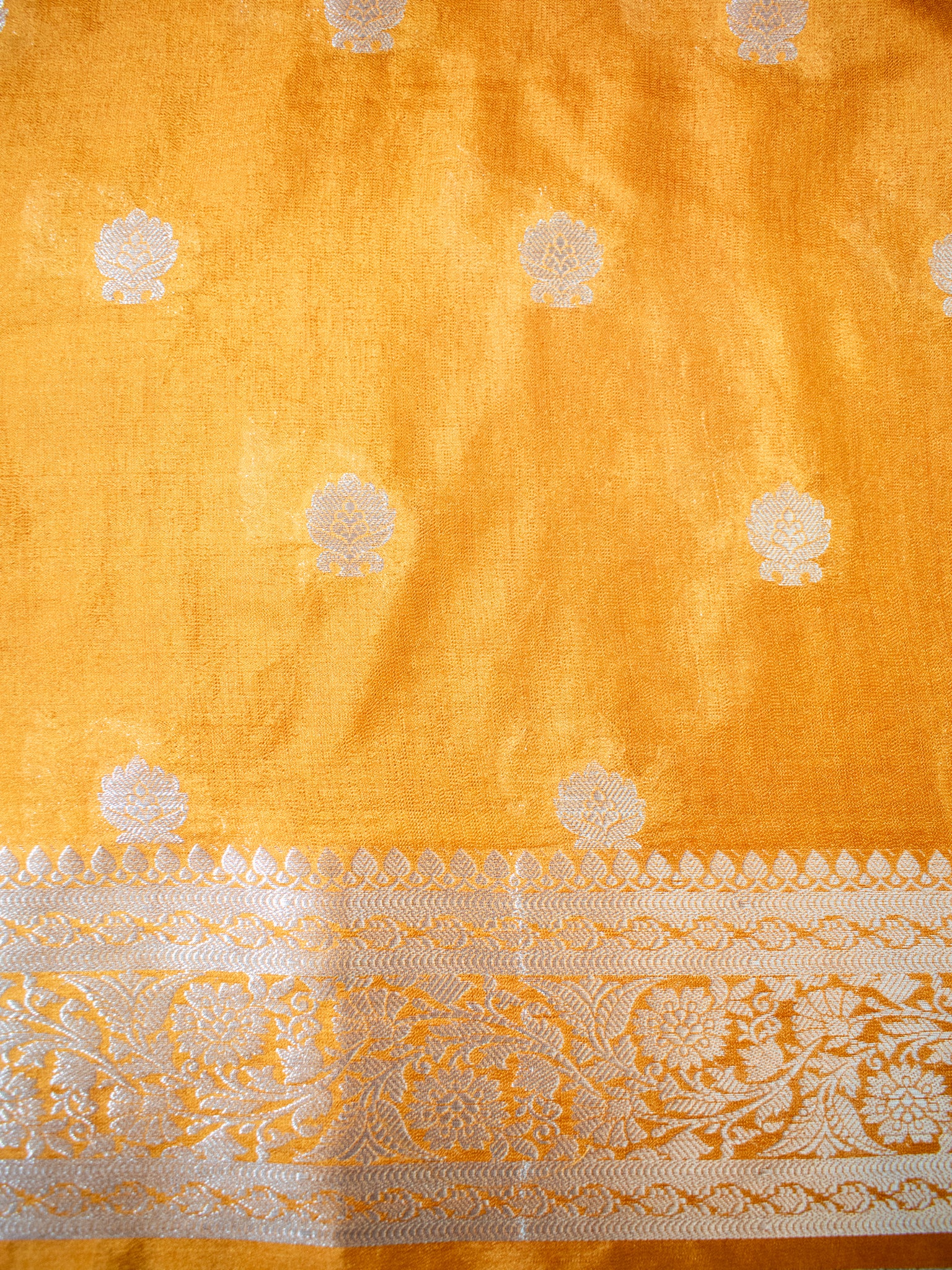 Banarasi  Semi Chiffon Saree Silver Zari Buti Weaving With Border- Yellow