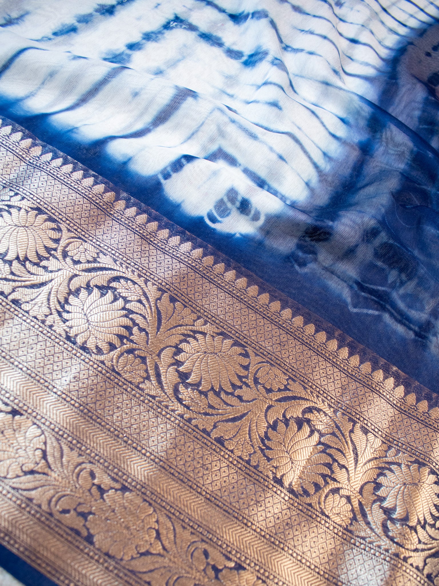 Banarasi Shibori Dyed Cotton Silk Saree With Zari Border-Blue