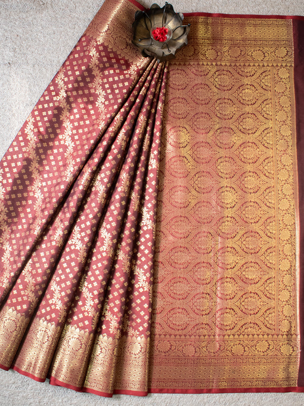 Banarasi Cotton Silk Saree With Meena Weaving- Brown