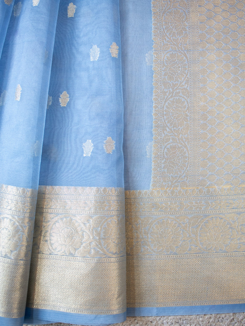 Banarasi Organza Mix Saree With Zari Weaving- Blue