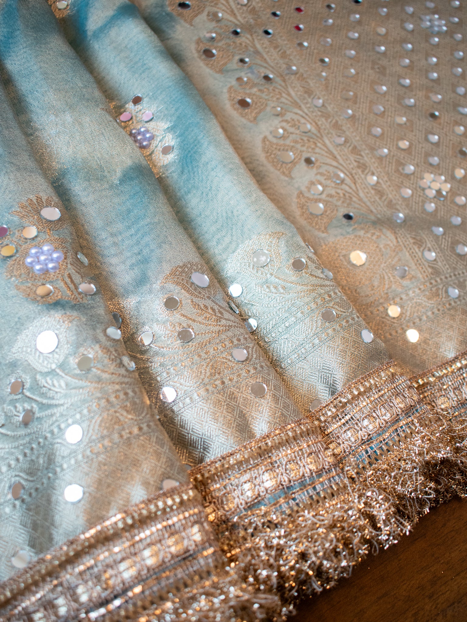 Banarasi Mirror Work Tissue Saree with Lace Border - Blue