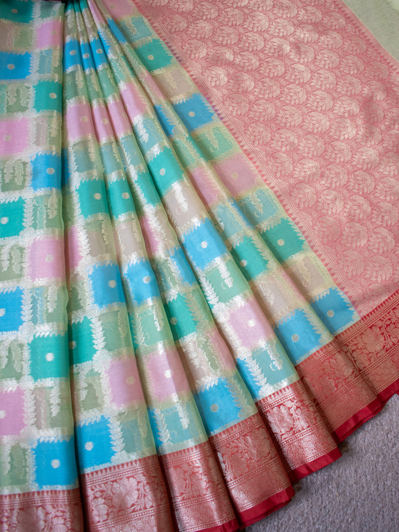 Banarasi Kora Saree With Zari Weaving- Green