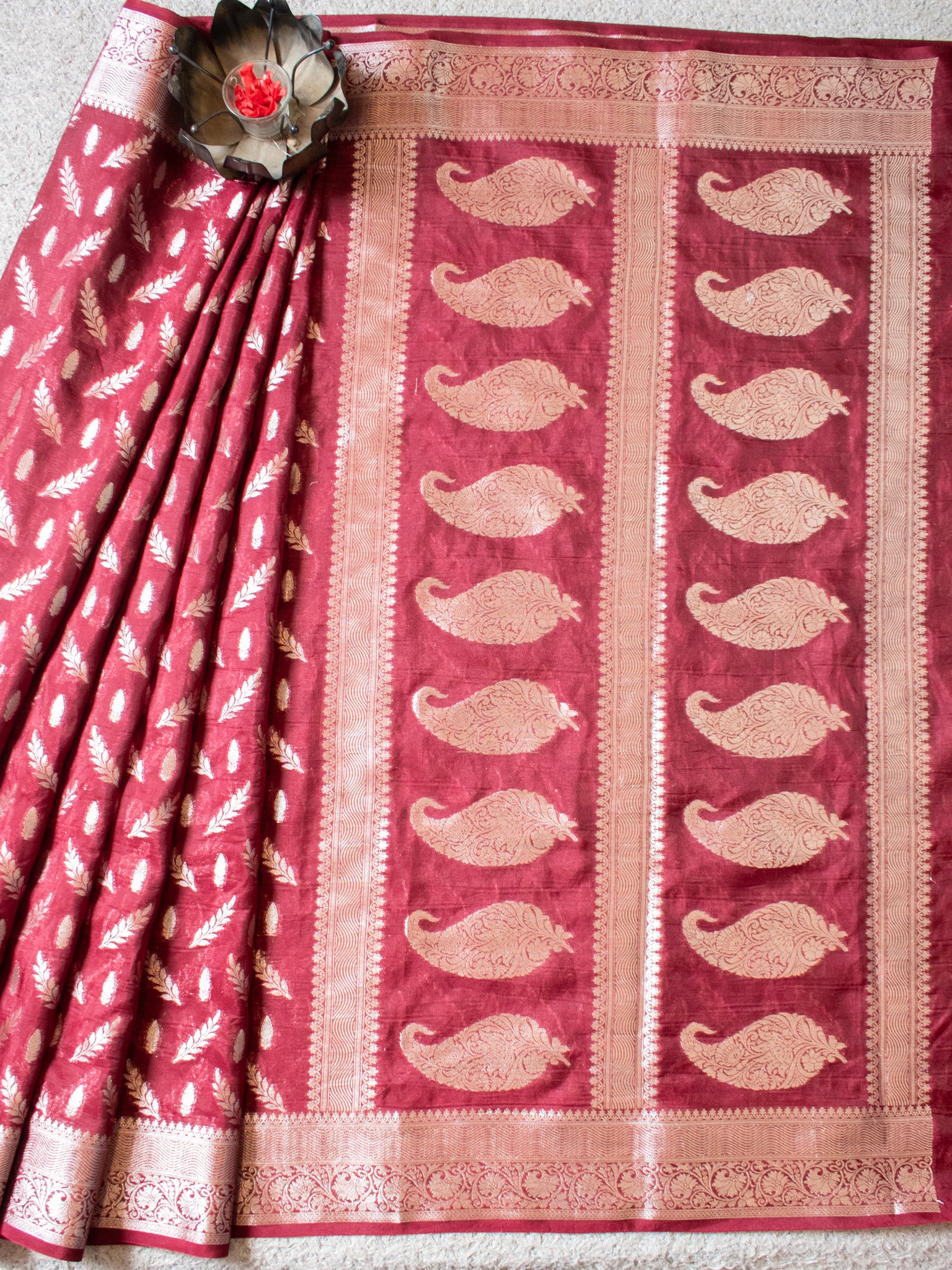 Banarasi Semi Silk Saree With Silver Zari Weaving & Border- Maroon