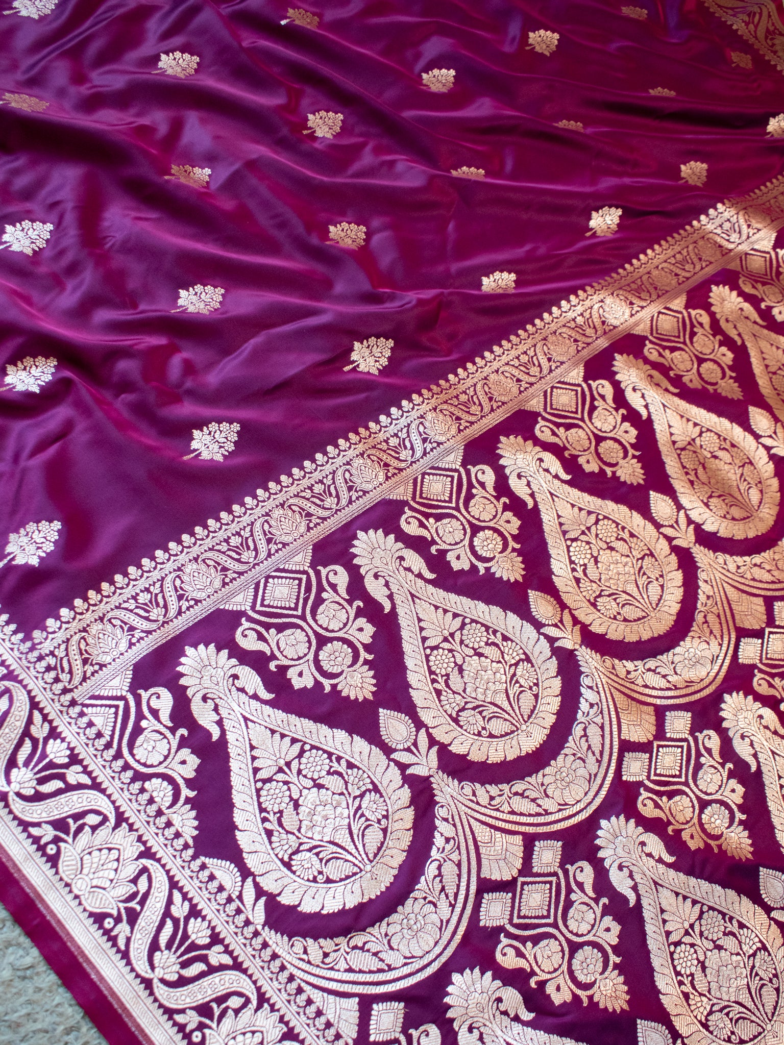 Banarasi Mashru Silk Saree With Buti & Border- Wine