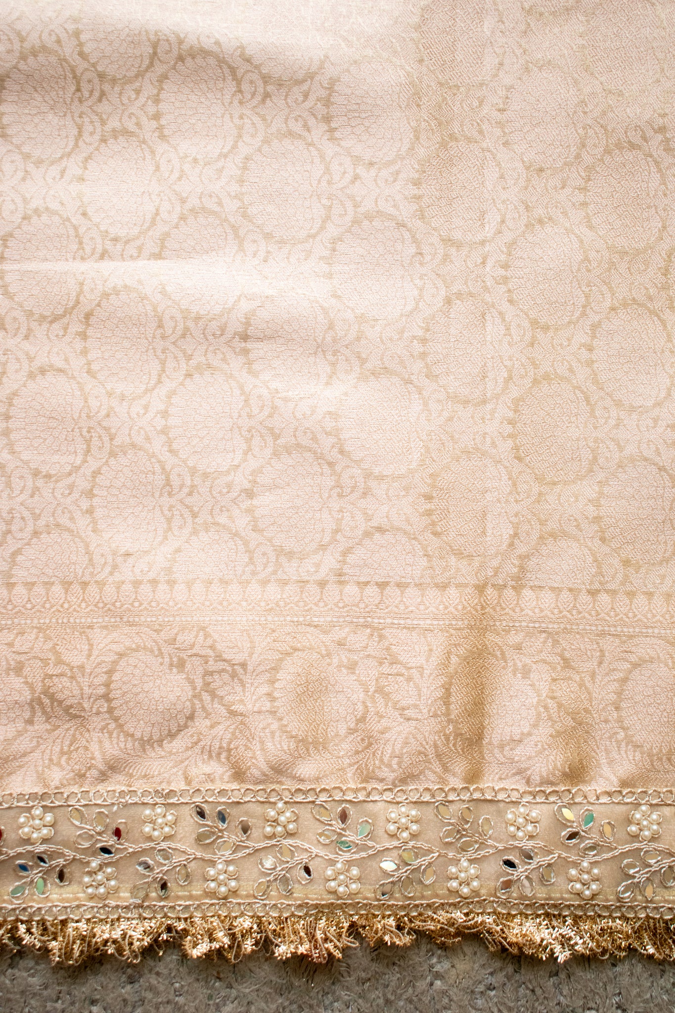 Banarasi Tissue Saree With Zari Weaving & Mirror Work Lace Border - Beige
