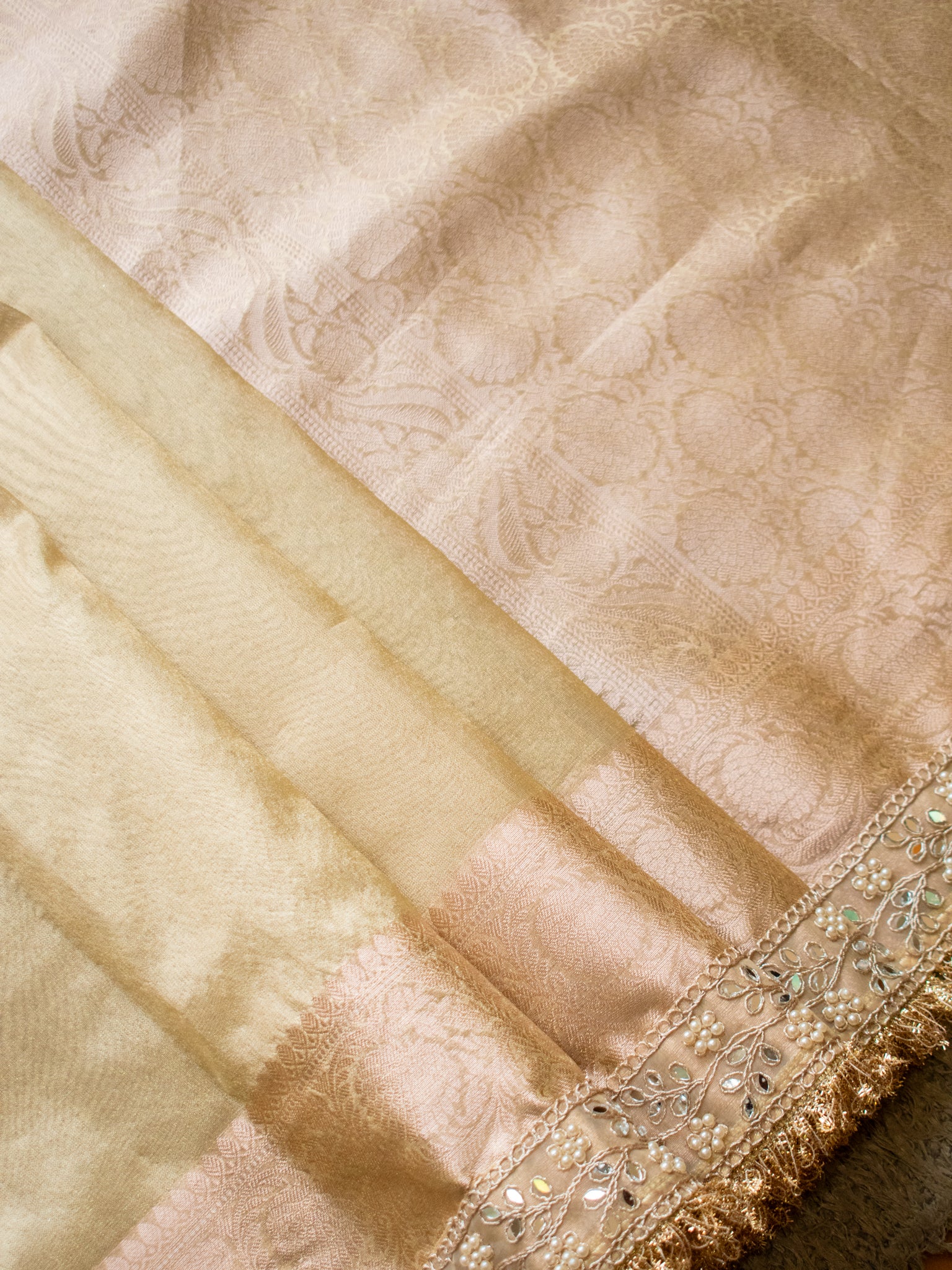 Banarasi Tissue Saree With Zari Weaving & Mirror Work Lace Border - Beige