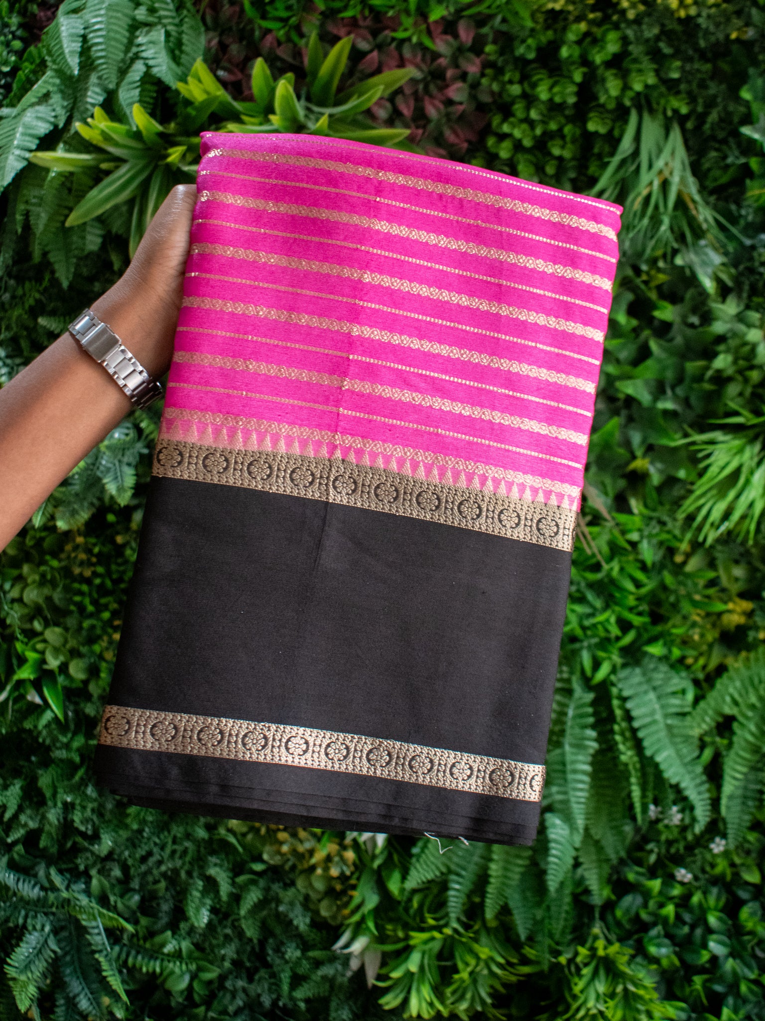 Banarasi Cotton Silk Saree with Satin Contrast Border-Pink