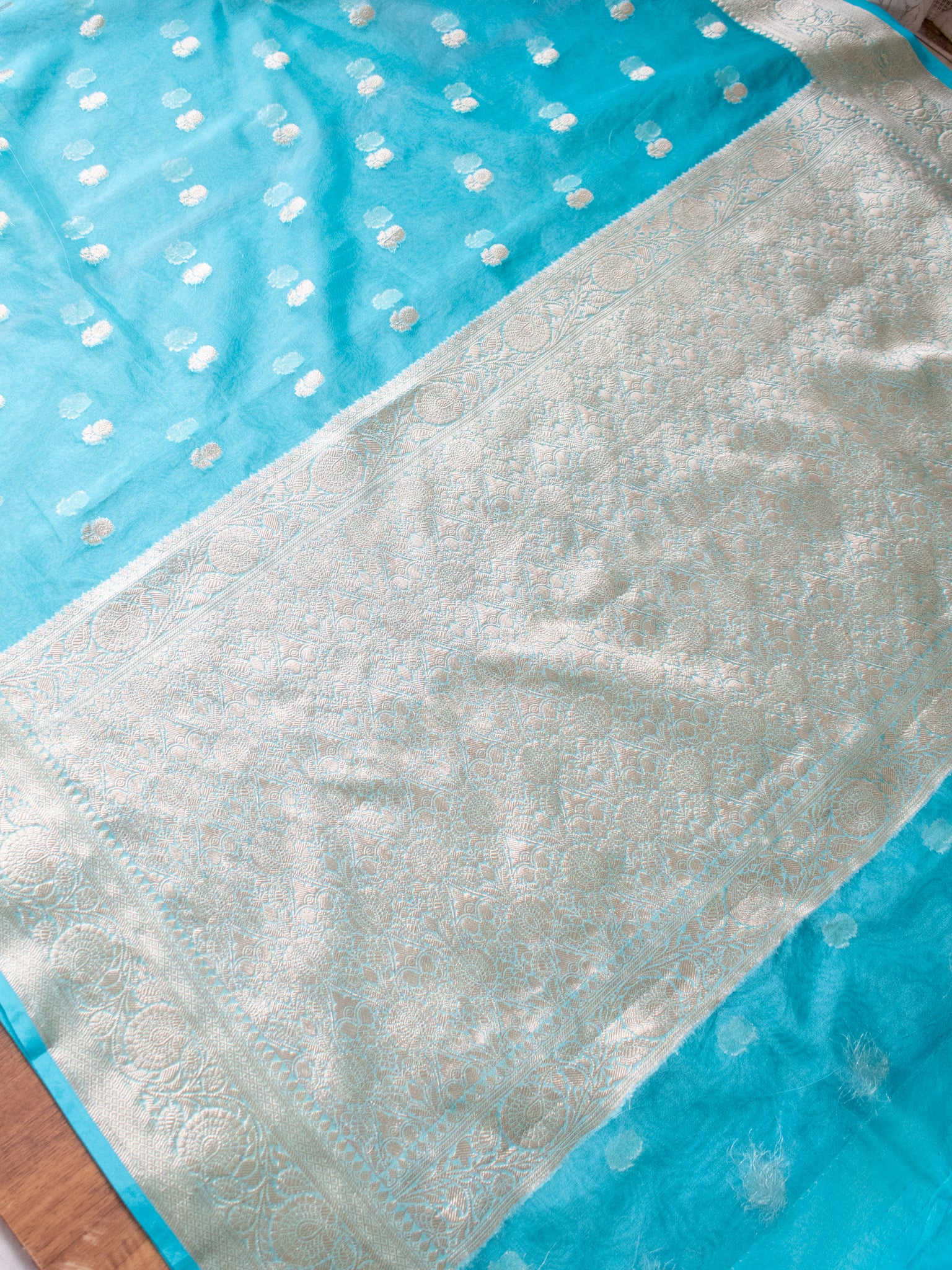 Banarasi Organza Mix Saree With Zari Weaving & Border- Blue