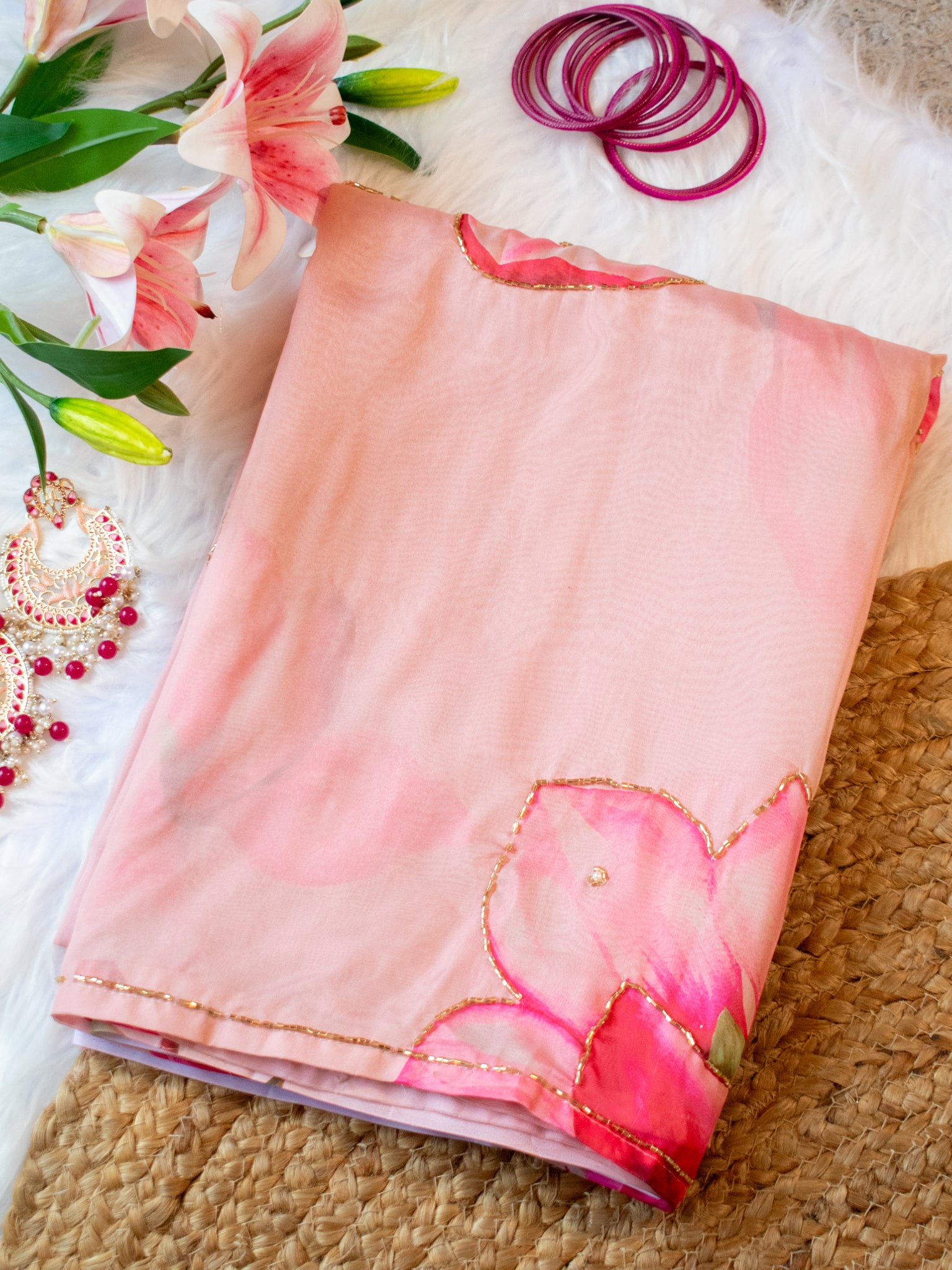 Semi Satin Floral Saree - Pink