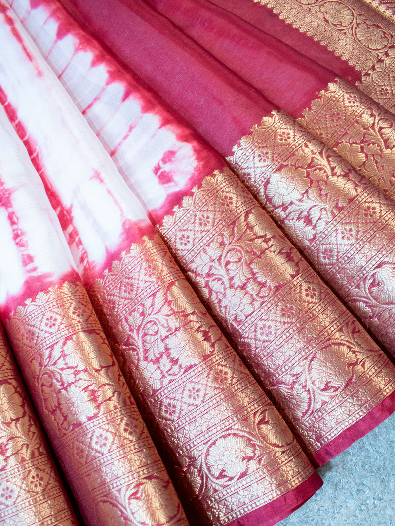 Banarasi Shibori Dyed Cotton Silk Saree With Zari Border-Red
