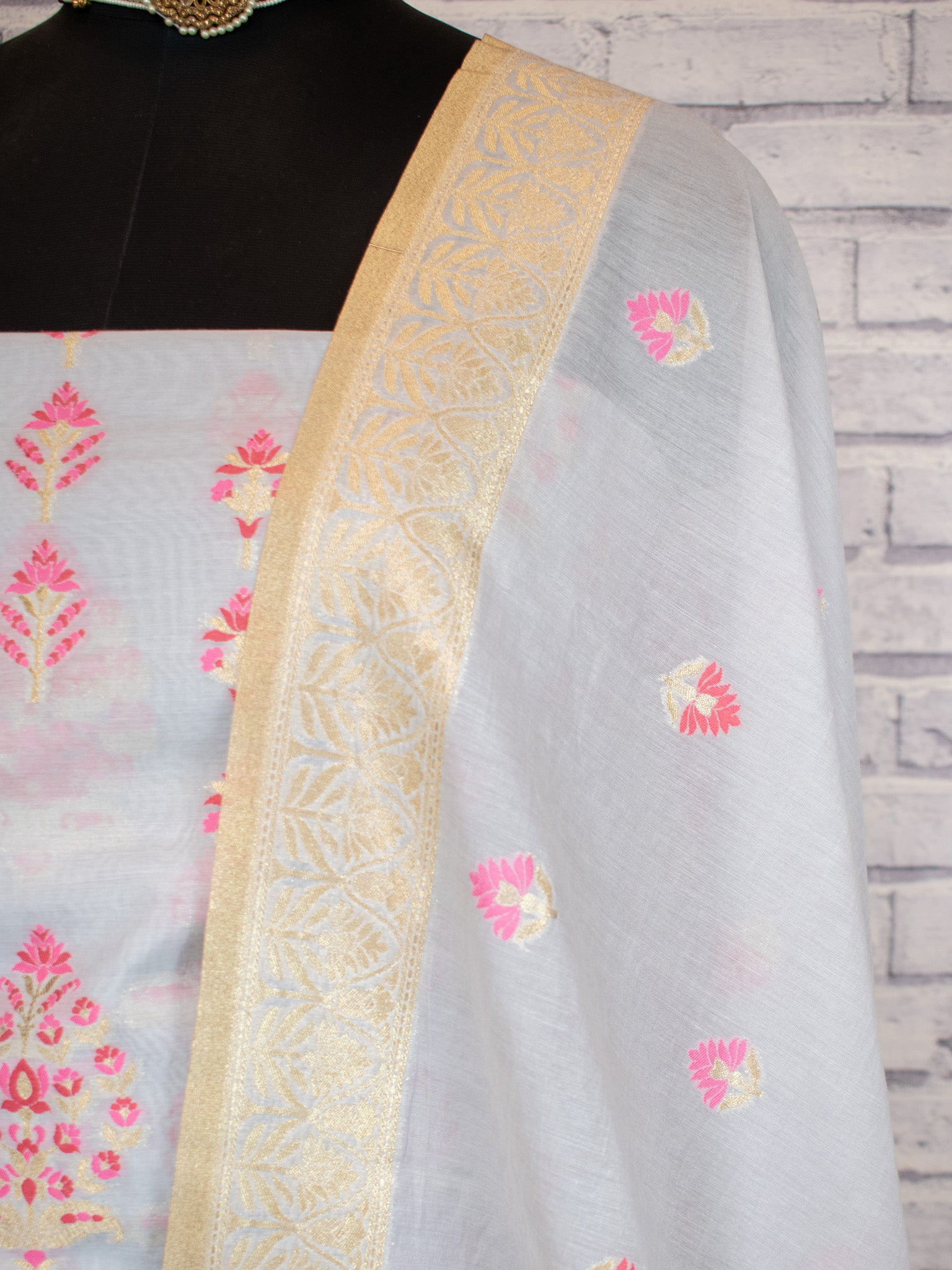 Banarasi Soft Cotton Salwar Kameez Fabric With Zari Dupatta- Grey & Pink