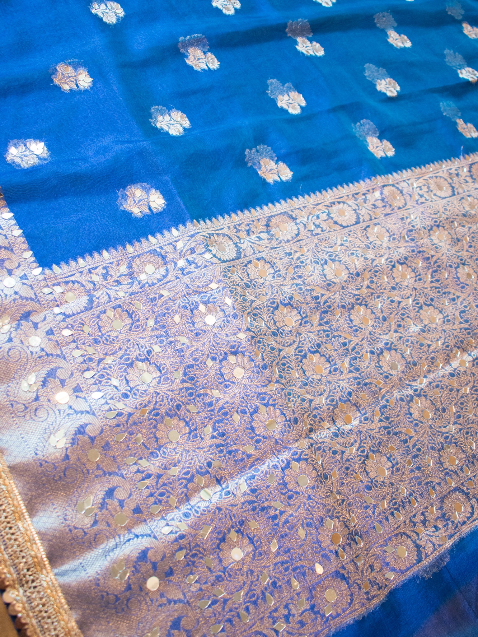 Banarasi Tissue Saree With Mirror Work & Lace Border- Blue