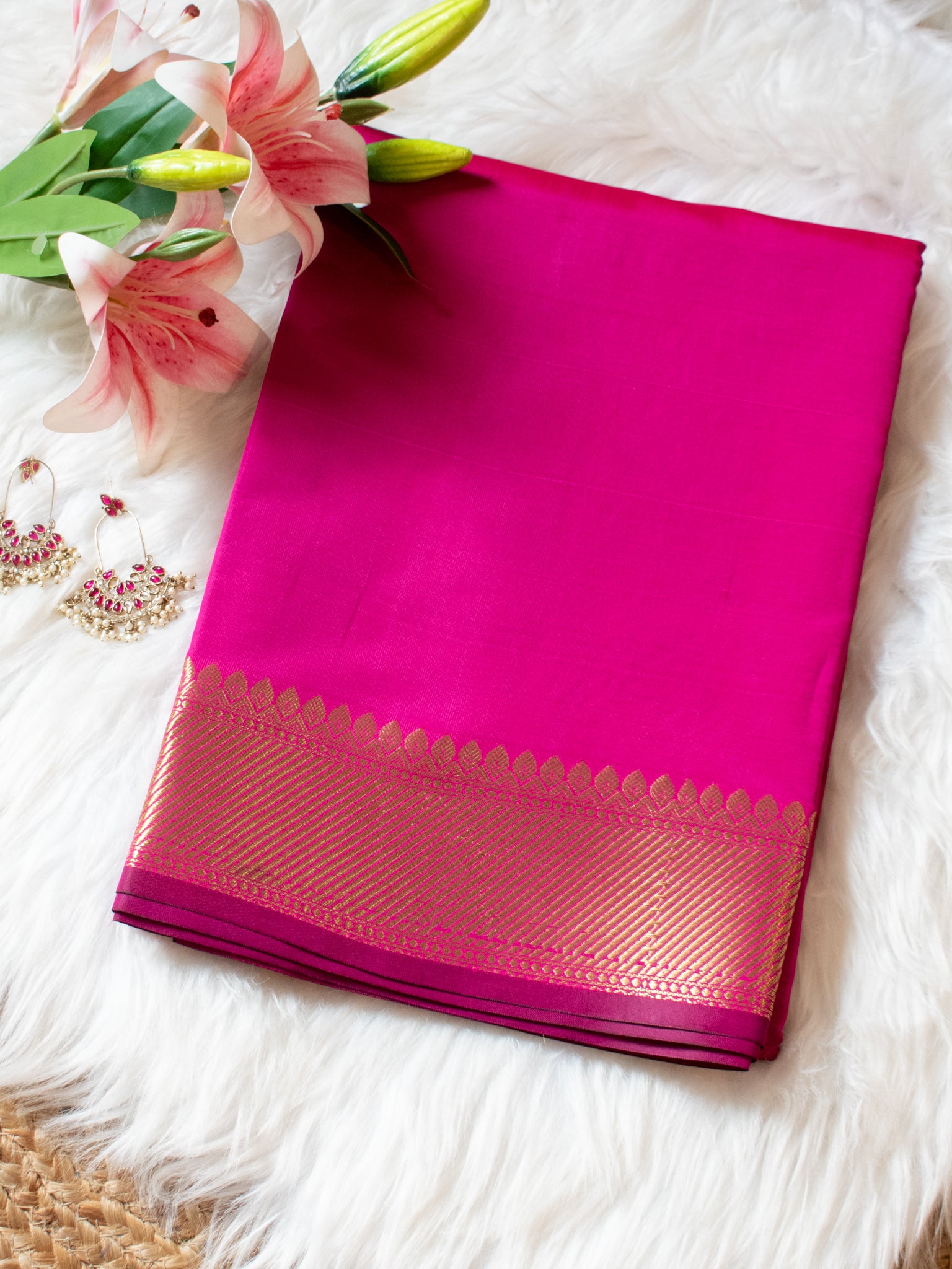 Banarasi Plain Cotton Silk Saree With Zari Border- Magenta