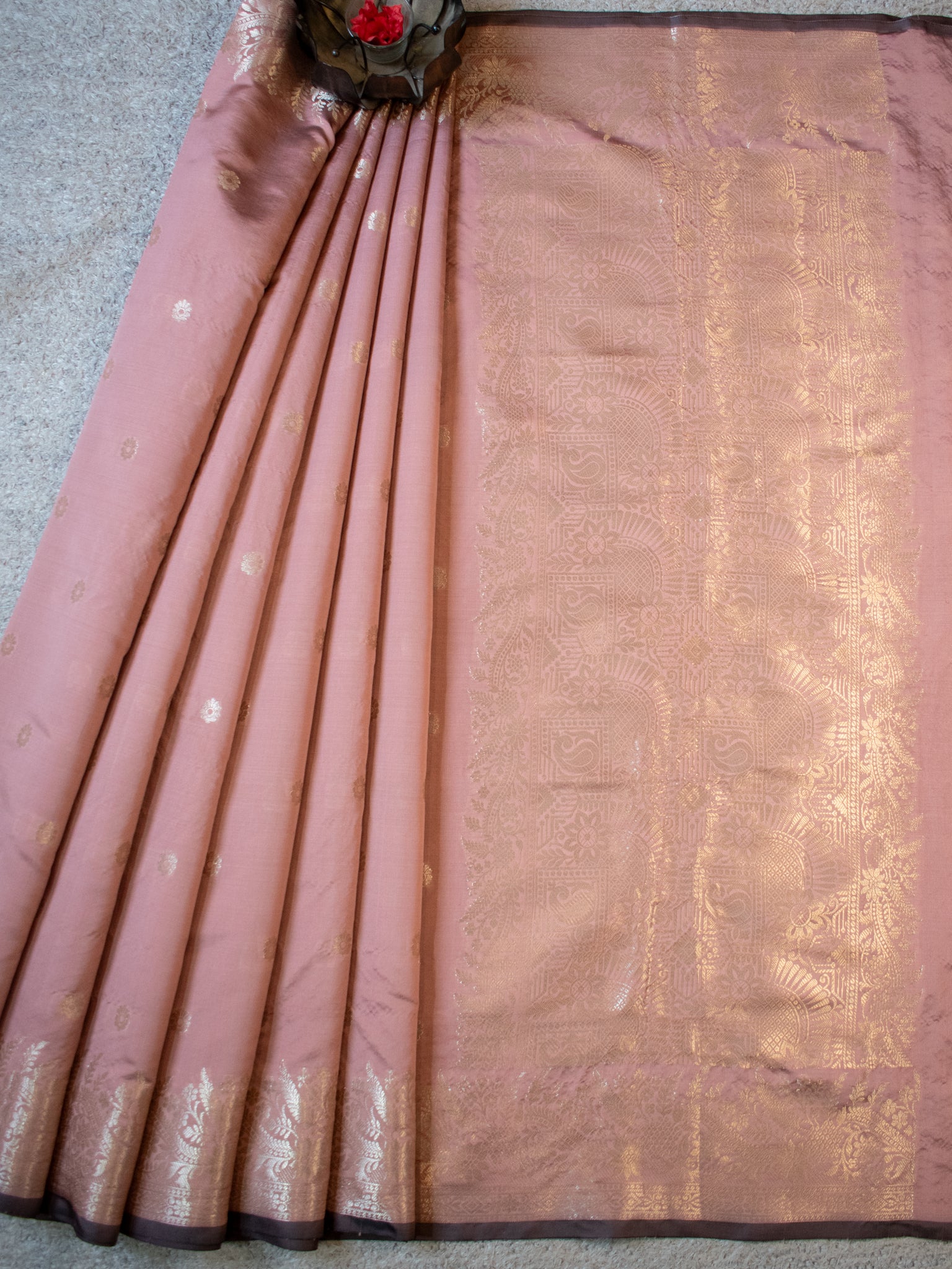 Banarasi Semi Katan Silk Saree With Border- Sand Brown