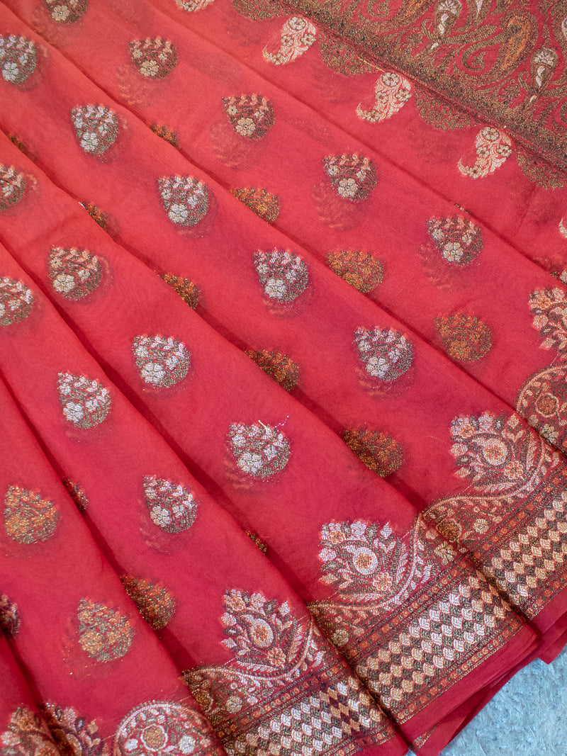 Banarasi Dual Shade Pure Georgette Saree With Resham Weaving-Orange & Red