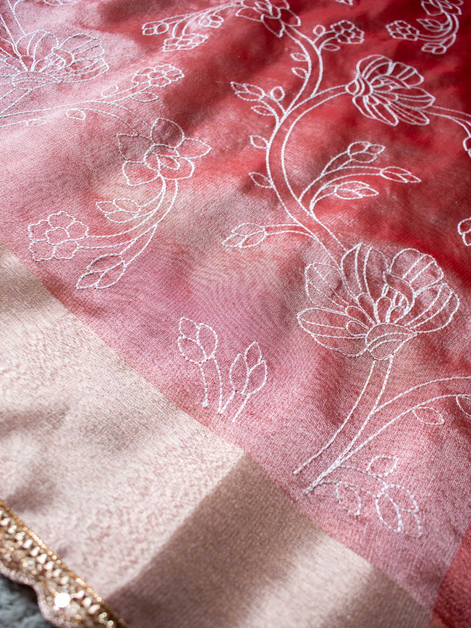 Banarasi Tissue Embroidered Saree With Weaving & Lace Border- Red