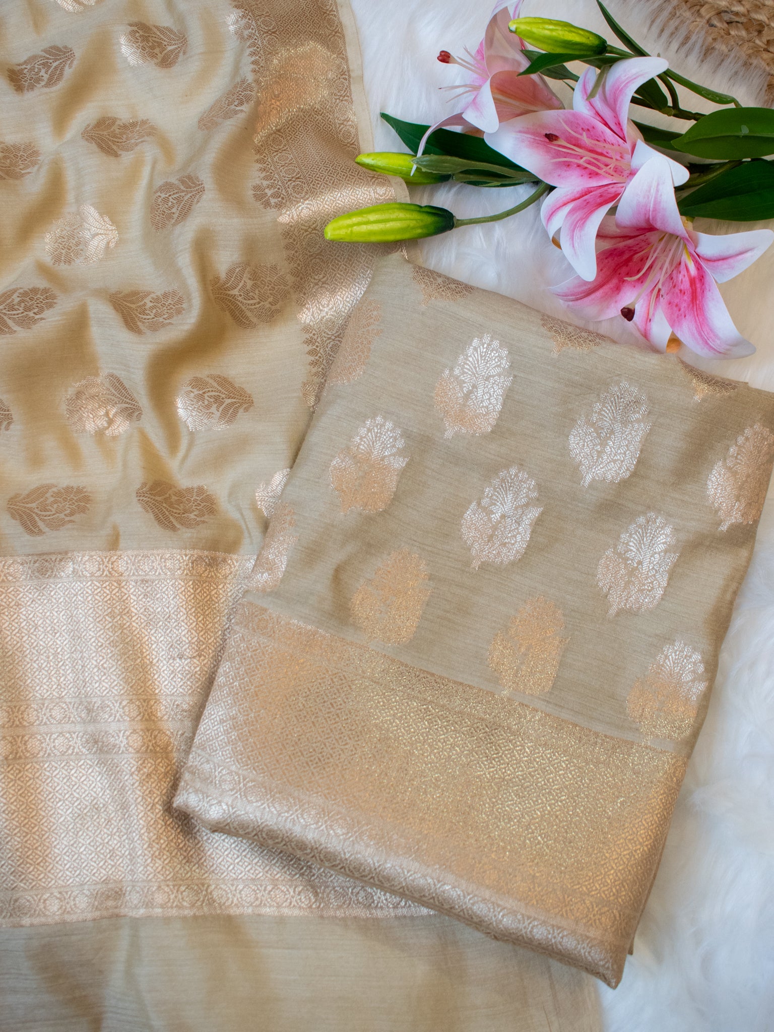 Banarasi Pure Muga Silk Salwar Kameez- Beige