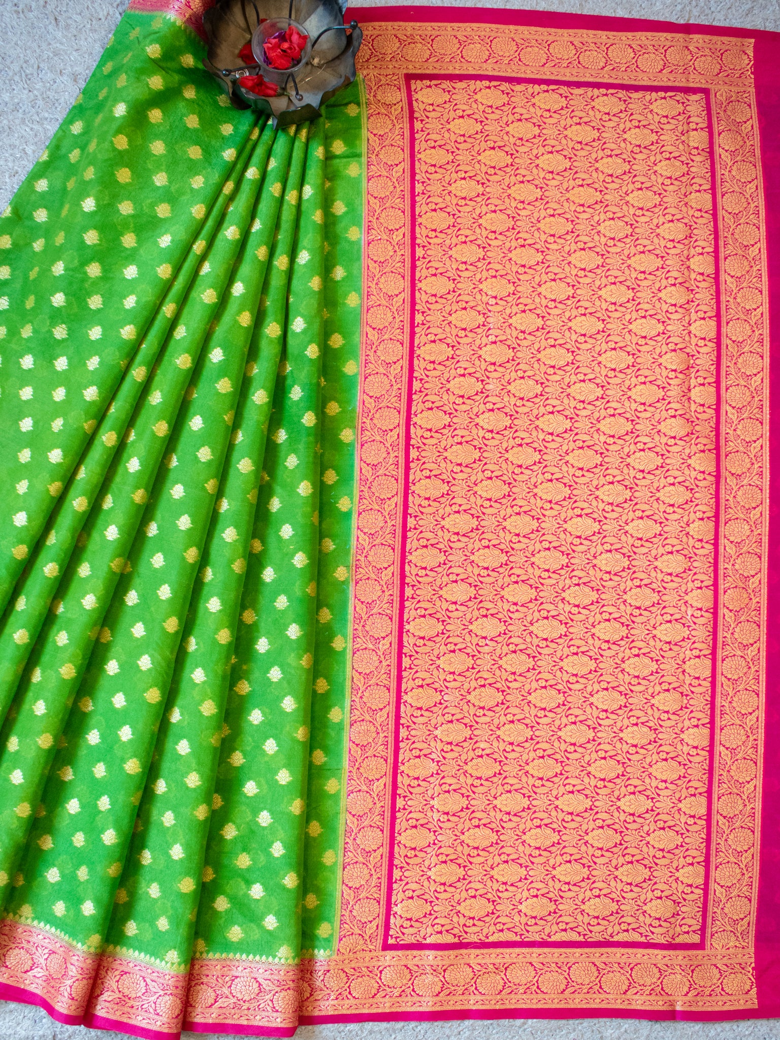 Banarasi Semi Georgette Saree With Resham Weaving & Contrast Border- Green