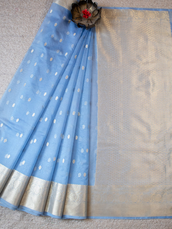 Banarasi Organza Mix Saree With Zari Weaving- Blue