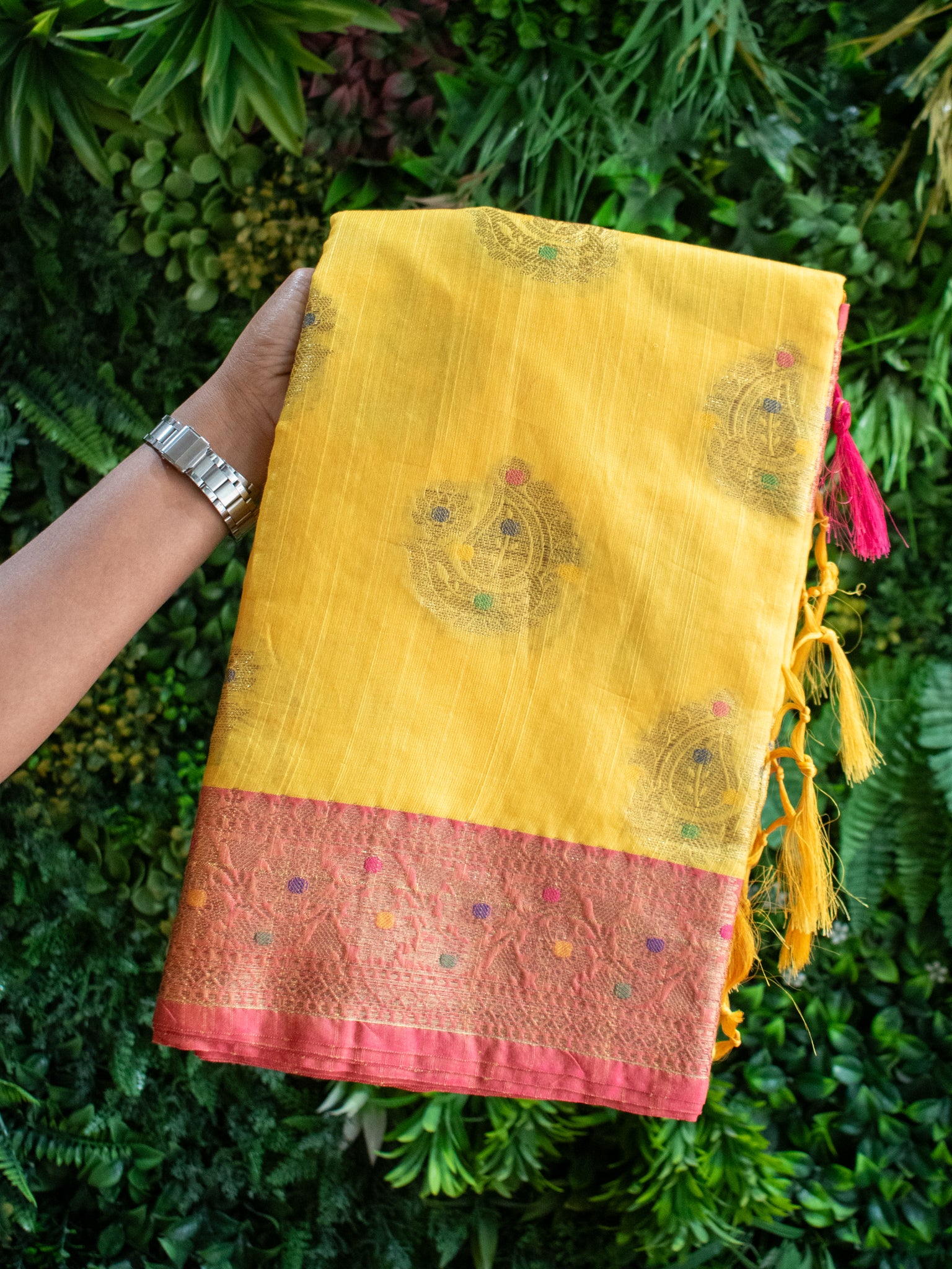 Banarasi Cotton Linen Mix Saree With Resham Peacock Weaving-Yellow