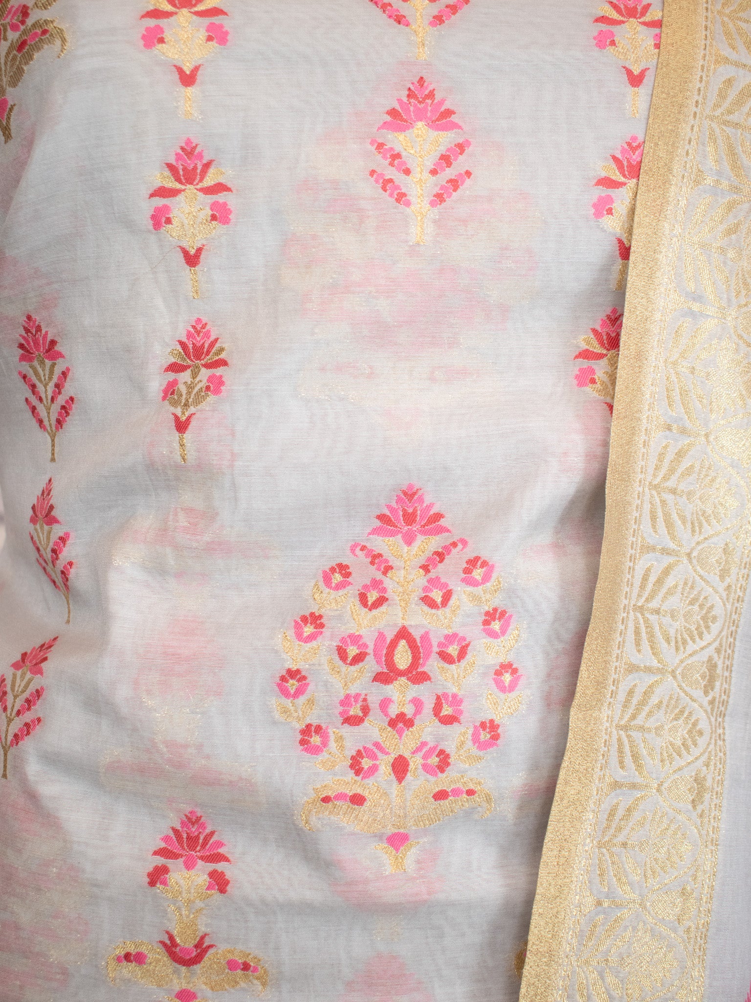 Banarasi Soft Cotton Salwar Kameez Fabric With Zari Dupatta- Grey & Pink