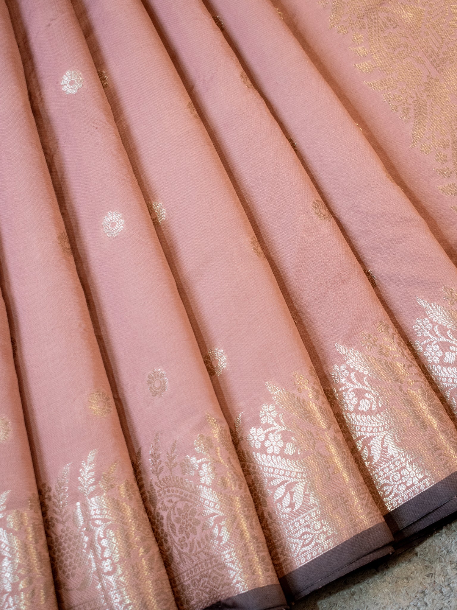 Banarasi Semi Katan Silk Saree With Border- Sand Brown