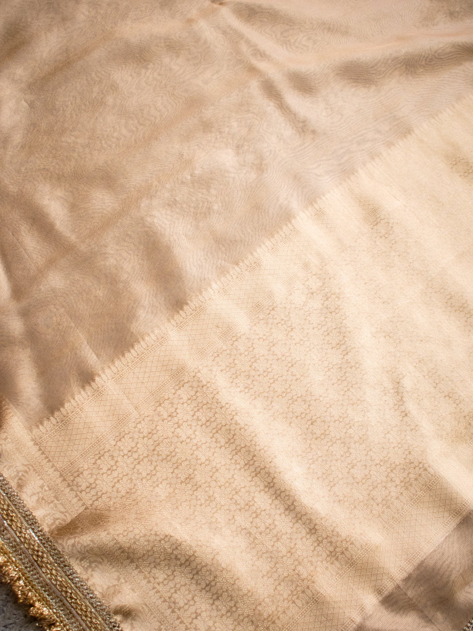 Banarasi Tissue Saree With Zari Weaving & Lace Border - Beige
