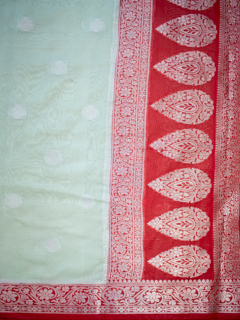 Banarasi Semi Chiffon Saree Silver Zari Buti Weaving & Contrast Border-Green