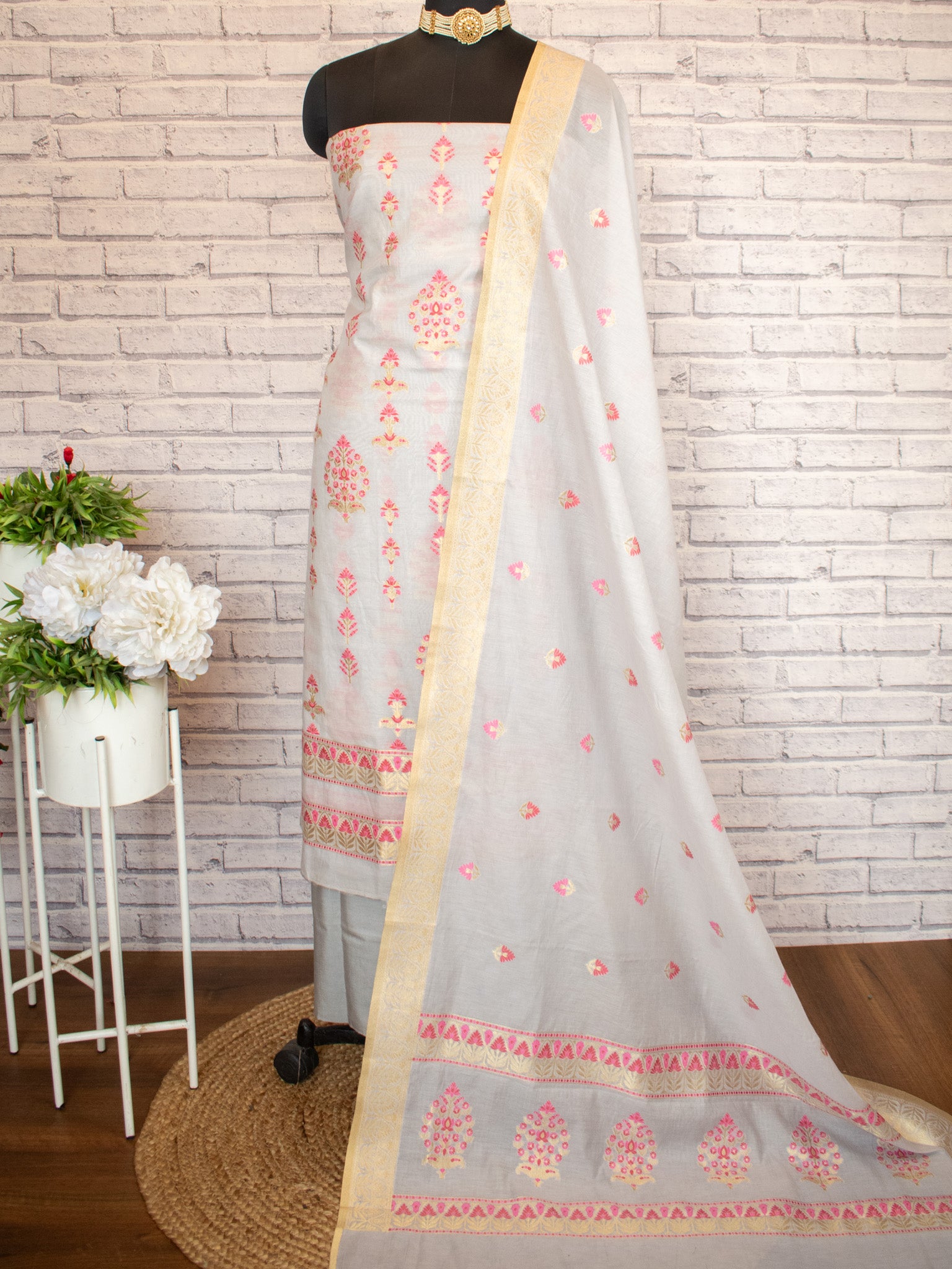 Banarasi Soft Cotton Salwar Kameez Fabric With Zari Dupatta- Grey & Pink