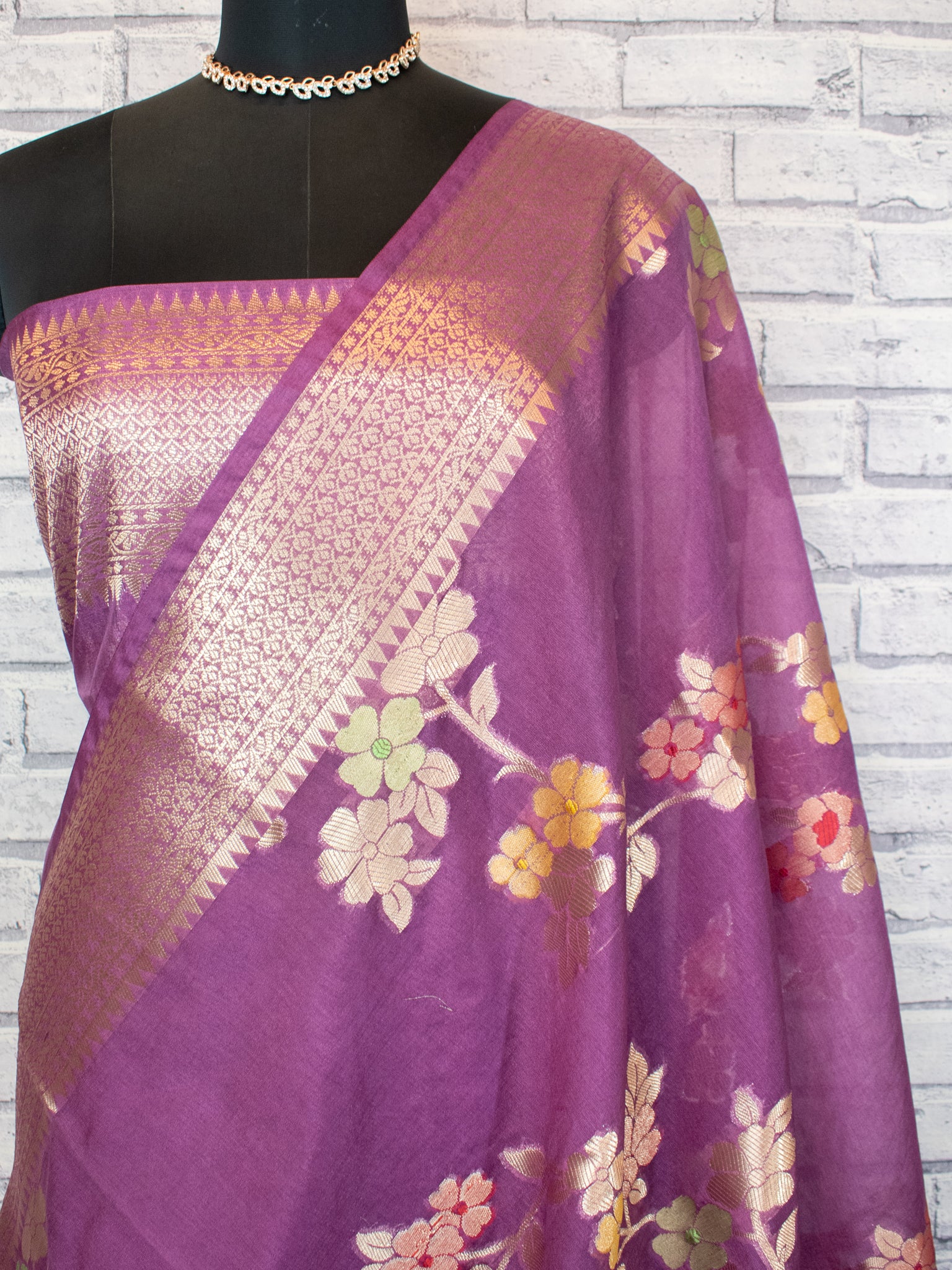 Banarasi Cotton Silk Saree with Floral Weaving & Border- Mauve