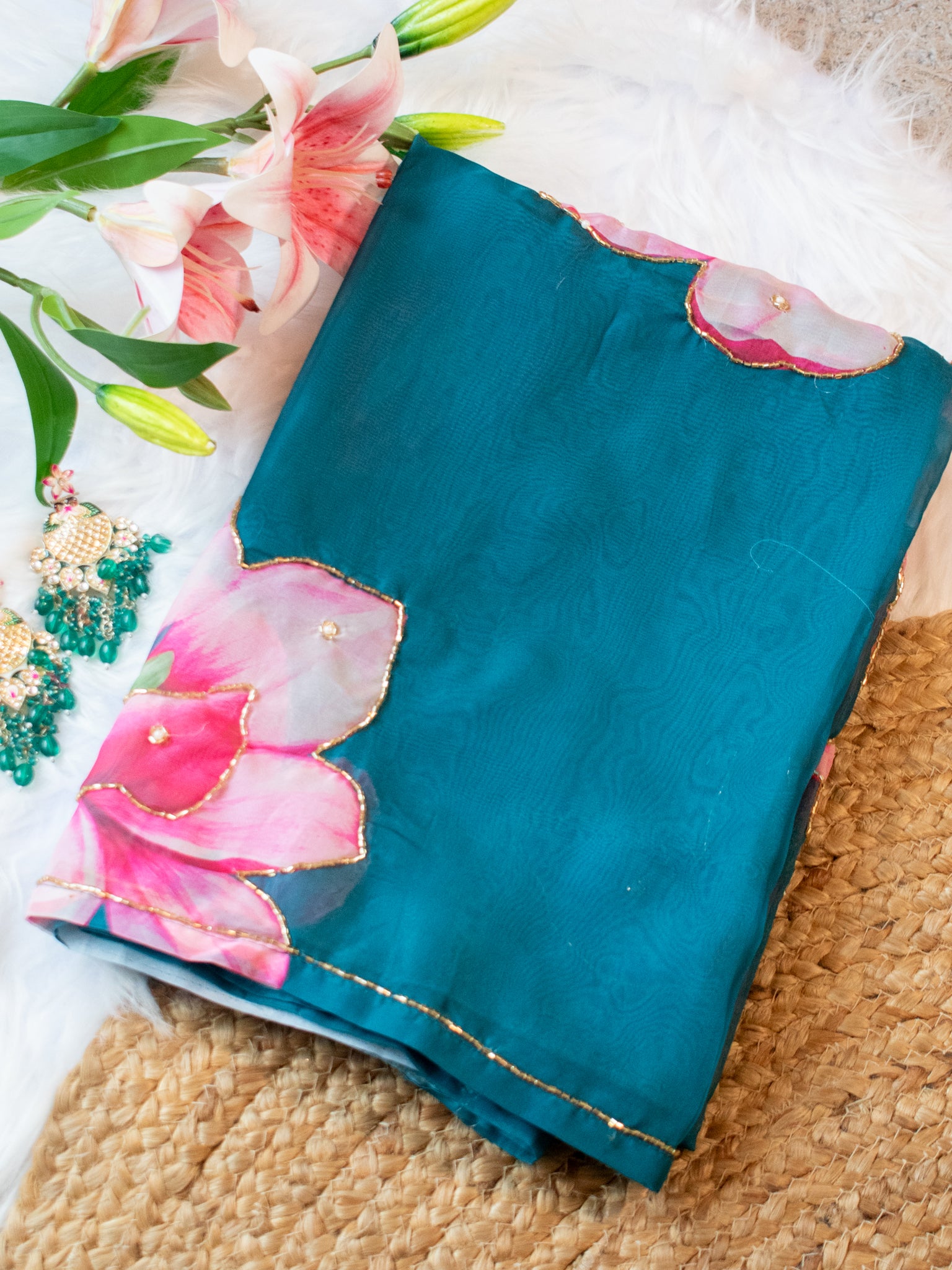 Semi Satin Floral Saree - Blue