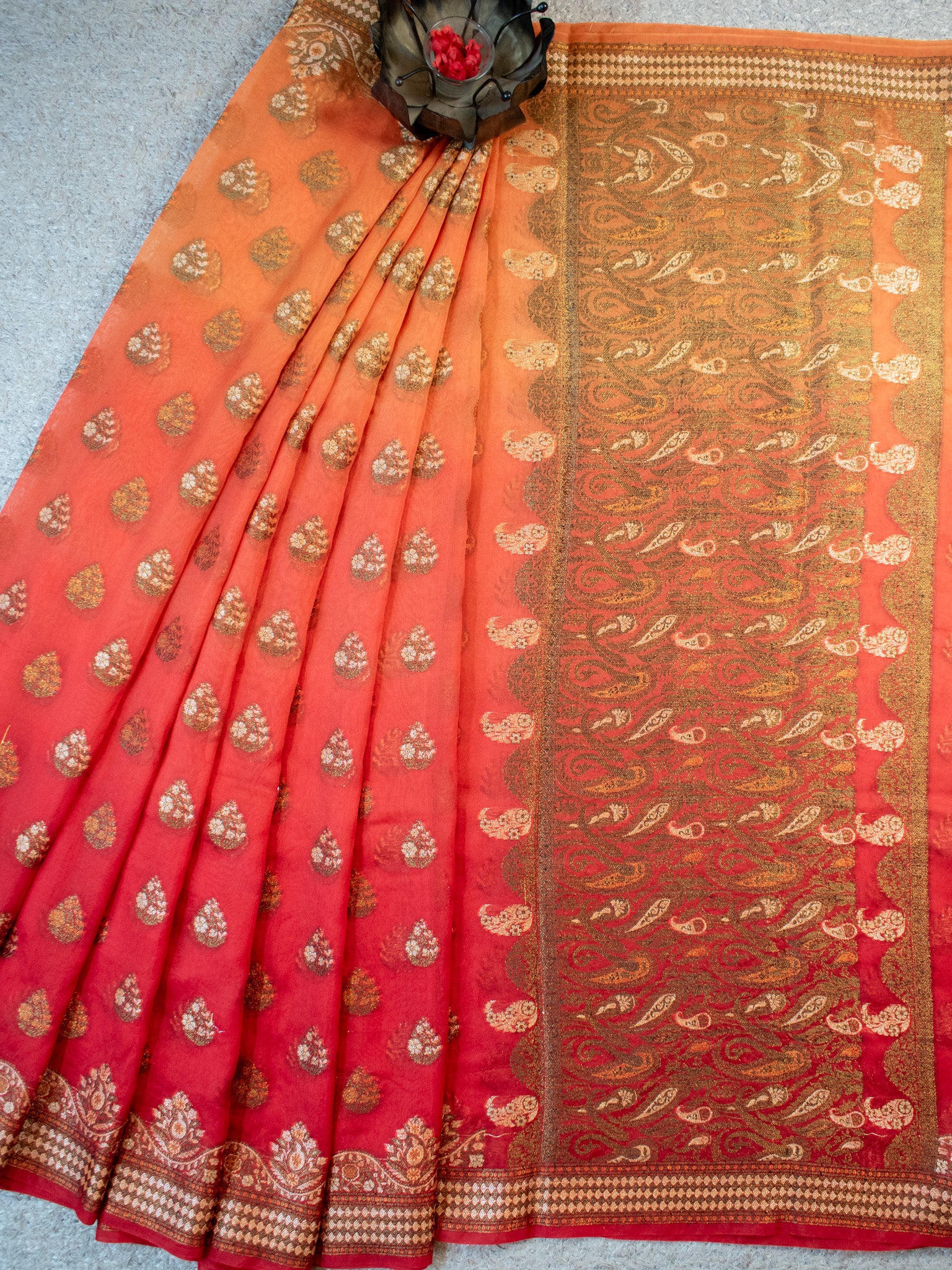 Banarasi Dual Shade Pure Georgette Saree With Resham Weaving-Orange & Red