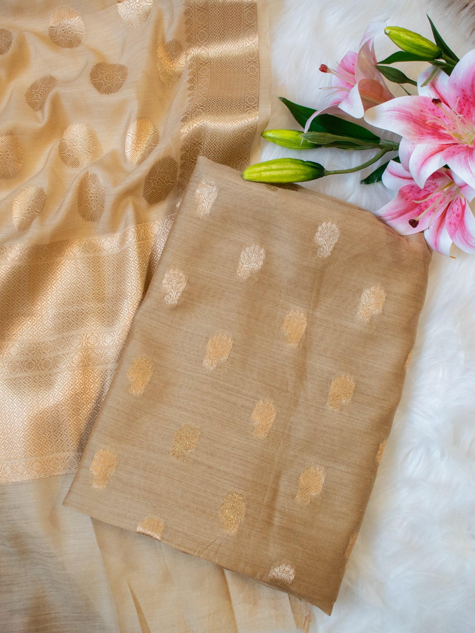 Banarasi Pure Muga Silk Salwar Kameez- Beige